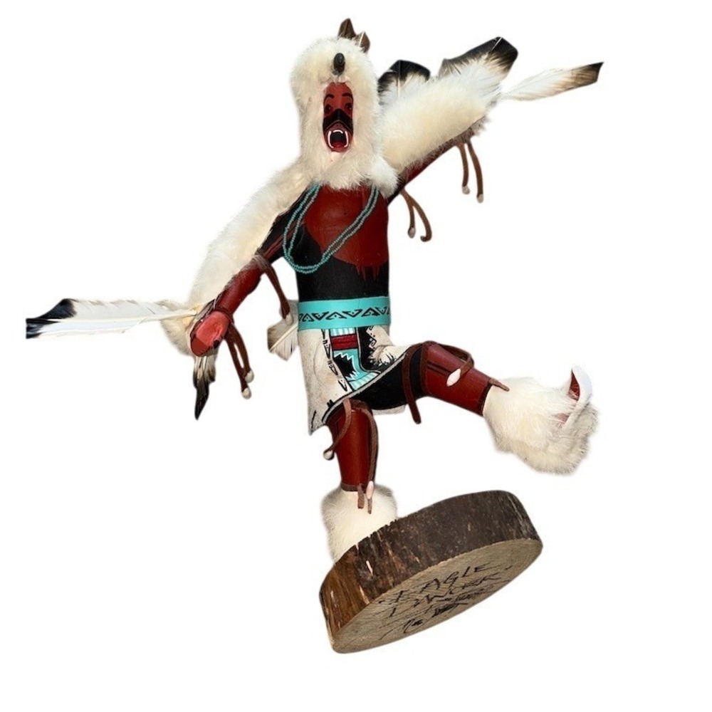 Signed Eagle Dancer Kachina-Style Eagle Dancer Figurine 12in Native feathers fur